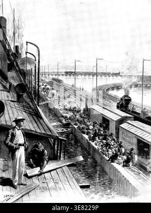The Spanish-American War: loading the United States Transports at Tampa Bay..., 1898. '...on board the "Miami" No. 1 Transport. From a Sketch by our Special Artist, Mr. H. C. Seppings Wright. Dr. Dudley, of the United States Hospital Service, making a tour of inspection. The transports are fitted with a wooden awning for protection from the sun. A wholly different series of warlike operations is about to be commenced by the landing of troops in Cuba at the worst season of the year, for the military campaign necessary to besiege, in the eastern part of that island, the fortified and s Stock Photo