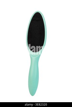 Professional turquoise foot rasp with black abrasive surface isolated on white background, pedicure tool. Stock Photo