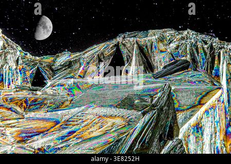 Mocroscope image of epsom salt crystals in colour plus stars and moon image make a dramatic science fiction abstract Stock Photo