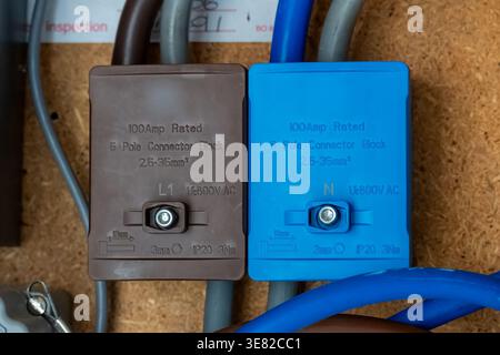 Close-up of Industrial Electrical Connector Blocks for Power Distribution and Home Wiring Stock Photo