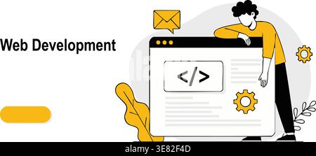A professional web developer stands by a large digital interface while creating modern software solutions and complex code. Stock Vector