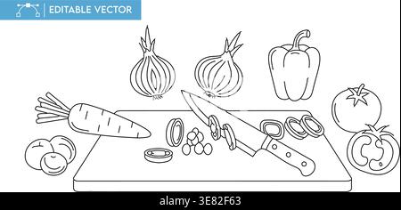 Fresh vegetables and a sharp knife are arranged on a cutting board in this clean vector illustration. Stock Vector
