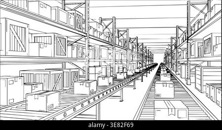 Warehouse storage features organized shelving units and a motorized conveyor belt system for efficient parcel handling processes. Stock Vector