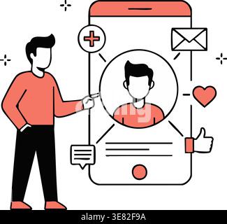 Man manages his social media account profile settings using a large mobile phone interface. Stock Vector