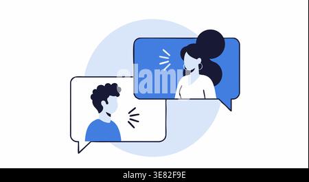 Two people engage in a digital conversation using speech bubbles to express their ideas. Stock Vector