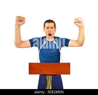 Young man shouting in an podium with microphones isolated in white Stock Photo