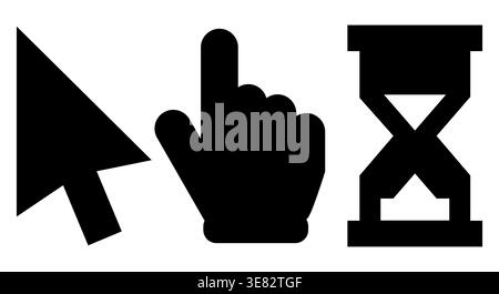 Set of three solid black style icons including arrow cursor hand pointer and hourglass. Symbolizes interaction click waiting or loading. Clean bold de Stock Vector
