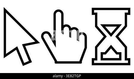 Set of three smooth line style icons including arrow cursor hand pointer and hourglass. Symbolizes interaction click waiting or loading. Clean modern Stock Vector