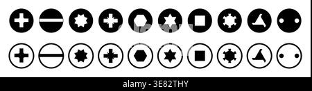 Vector illustration of various screw drive types including cross slot straight hex star square tri wing and security designs. Shows different bit shap Stock Vector