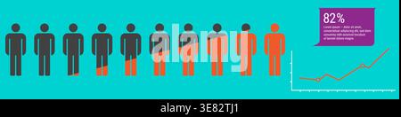 Infographic showing human silhouettes transitioning from black to orange with a rising line graph. Teal background. Ideal for reports presentations or Stock Vector