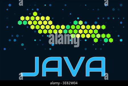 Java hexagon dots map. Indonesia. Digital style shape of the island. Java map and title. Stock Vector