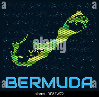 Bermuda hexagon dots map. Digital style shape of the island. Bermuda map and title. Tiny green colored hexagons, sparse blue dots in the background. Stock Vector