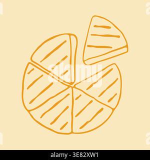 Vector illustration of a circular cheese head cut into equal triangle portions. Minimalist doodle graphic of a portioned dairy product for snack Stock Vector