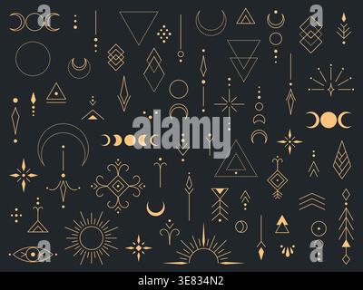 Collection of golden geometric and celestial symbols arranged on dark background. Includes circles, triangles, moons, suns, and abstract mystical desi Stock Vector