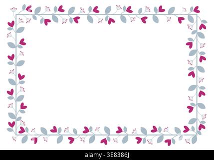 Rectangular Frame With Love Pink Fuchsia Flowers And Blue Leaves Stock Vector