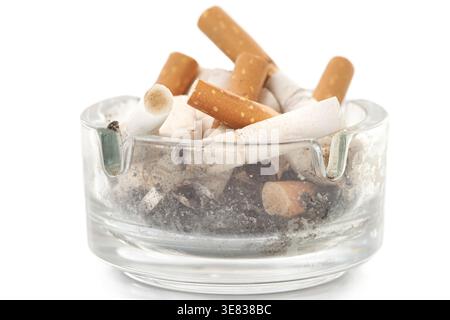 Bunch used cigarettes inside ashtray isolated white background Stock Photo