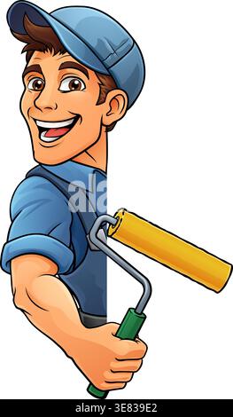 Painter Decorator Paint Roller Cartoon Handy Man Stock Vector