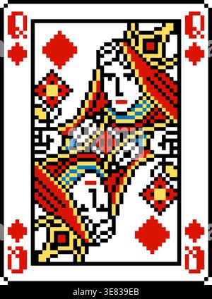 Pixel Art Queen of Diamonds Playing Card Design Stock Vector
