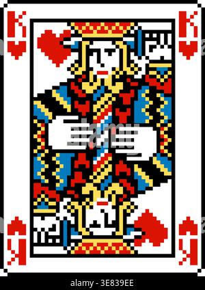 Pixel Art Style King of Hearts Playing Card Design Stock Vector