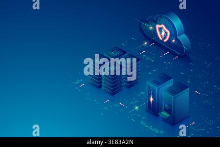 concept of data center or cloud storage, graphic of cloud computing with server room Stock Vector