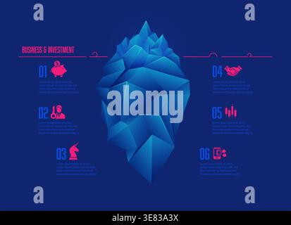 Business and investment concept presented with infographics, graphic of low poly iceberg with business icons Stock Vector