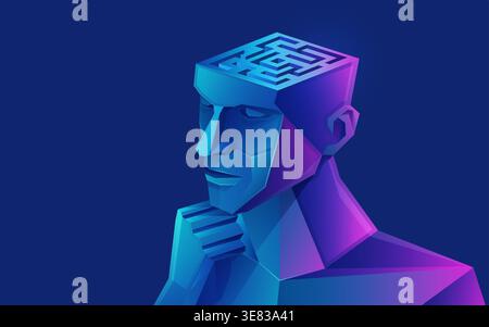 concept of brainstorming or creative thinking, graphic of a human head combined with maze or labyrinth Stock Vector