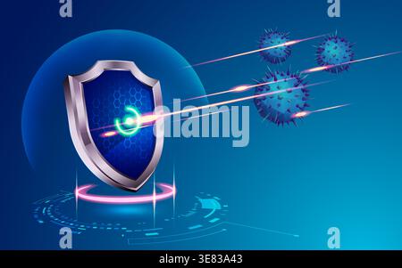 concept of cyber security technology, graphic of futuristic shield protecting against computer virus Stock Vector