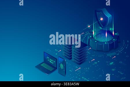 concept of cyber security technology, graphic of futuristic shield with data center and communication devices Stock Vector