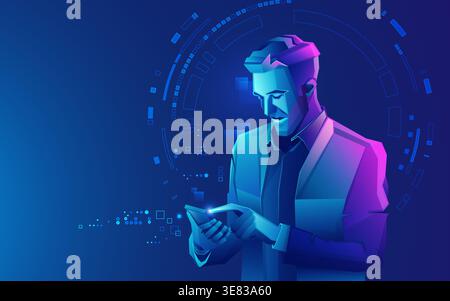 character design of digital technology person, graphic of mobile user or business man presented with low poly style with futuristic element Stock Vector