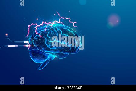 concept of brain power, graphic of brain with lightning and futuristic element Stock Vector