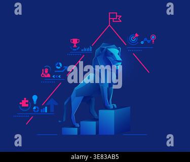 concept of entrepreneur leadership or business metaphor, graphic of low poly lion climbing on top of bar graph Stock Vector