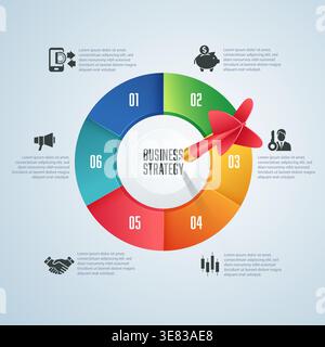 infographic of business strategy or economic analysis, graphic of dart with business icons and elements Stock Vector