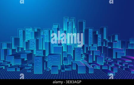 concept of smart city or digital twin in construction industry, graphic of buildings with digital technology element Stock Vector