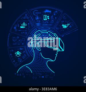 concept of virtual reality technology, graphic of a user wearing VR head-mounted with Metaverse interface Stock Vector
