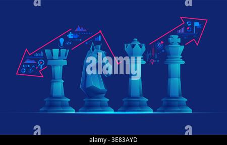 concept of business strategy, graphic of low poly knight, king, queen and rook chess piece with buisness element Stock Vector