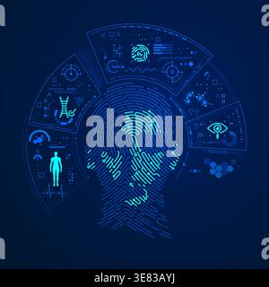 concept of biometrics or face recognition technology, graphic of fingerprint combined with man face and futuristic element Stock Vector