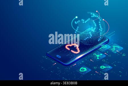 concept of mobile technology or cloud computing, graphic of futuristic device with mobile application presented with isometric Stock Vector