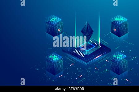 concept of non-fungible token technology or NFT, graphic of microchip with blockchain and crypto art element Stock Vector