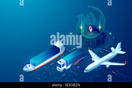 concept of smart logisitcs, graphic of futuristic device with tracking application with transportation vehicles Stock Vector