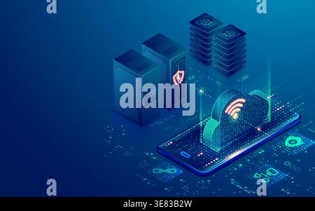 concept of cloud mobile technology or IOT, graphic of mobile and data center with futuristic element presented in isometric Stock Vector