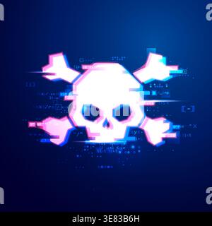 concept of cyber crime or hacker, graphic of skull with programming script and neon element Stock Vector