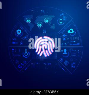 concept of cyber security or biometrics, graphic of fingerprint with futuristic icons and element Stock Vector