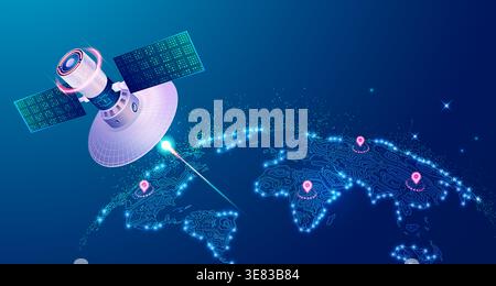 concept of communication technology, graphic of futuristic satellite with terrain world map globe as backgound Stock Vector