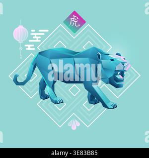 Chinese zodiac sign of tiger, Graphic of colorful low poly tiger with traditional Chinese element, Chinese word refers to Tiger Zodiac Stock Vector