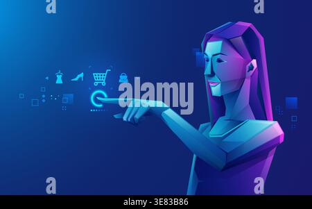 concept of online shopping technology or e-commerce, graphic of futuristic girl using mobile application Stock Vector