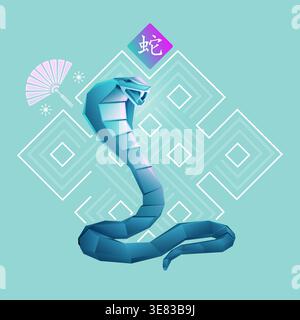 Chinese zodiac sign of snake, Graphic of colorful low poly snake with traditional Chinese element, Chinese word refers to Snake Zodiac Stock Vector