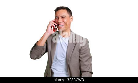 Man laughing and speaking on a mobile phone on transparent background Stock Photo