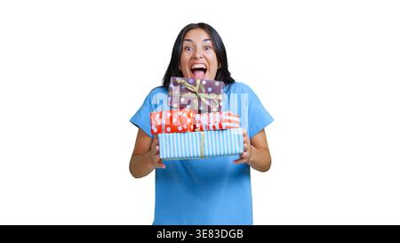 Happy woman holding many colorful gifts feeling excited Stock Photo