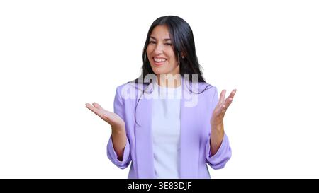Smiling woman presenting information with open arms Stock Photo