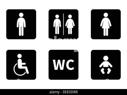 Simple restroom WC toilet icons for public and private use. Clean design fits any signage or digital display. Icons show gender, accessibility, and ch Stock Vector